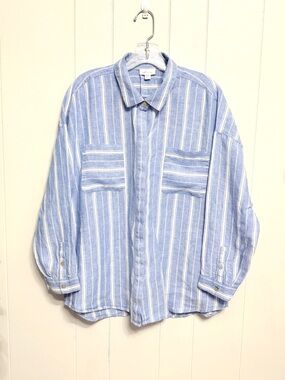 #19)  J. Jill Love Linen Blue and White Striped Linen Shirt